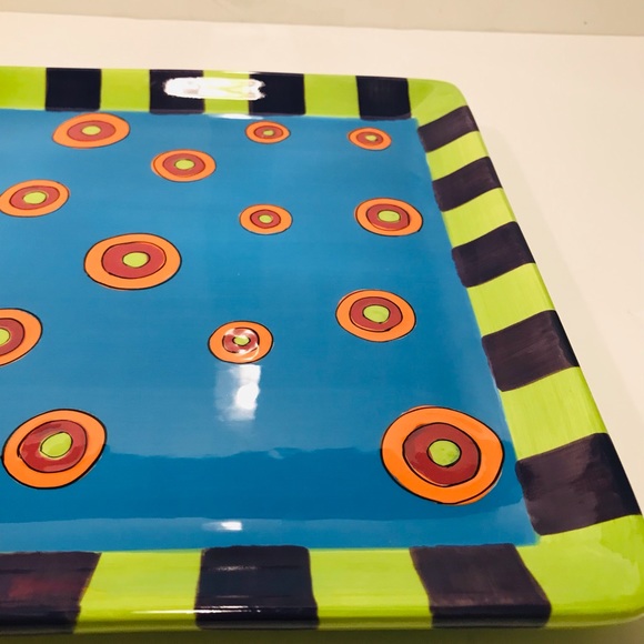 All U Can Handle Hand Painted Ceramic Tray “ Dancing Dots Turquoise 11”-11” - Picture 5 of 11